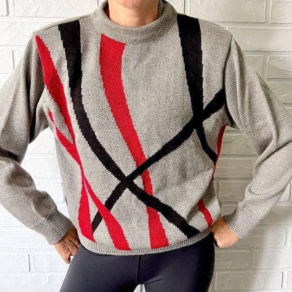 Vintage Sweaters - Vintage grey black red abstract graphic mock neck grandma sweater M